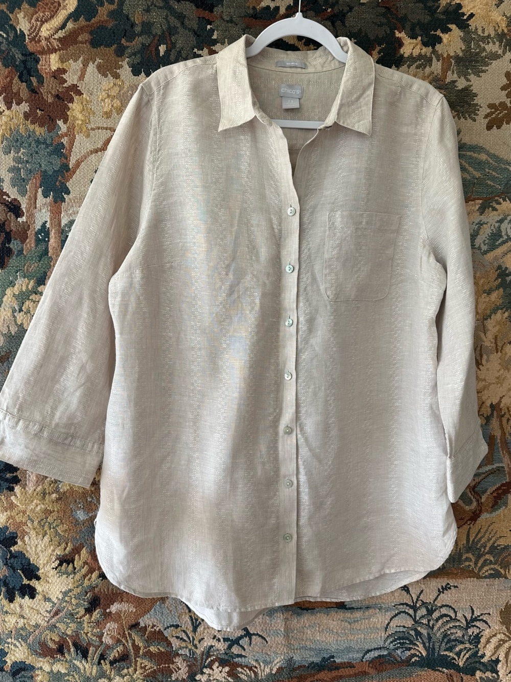 Chicos Linen Button Front Tunic Top 3/4 Sleeve Beige Ivory No Iron Large 14 2.5